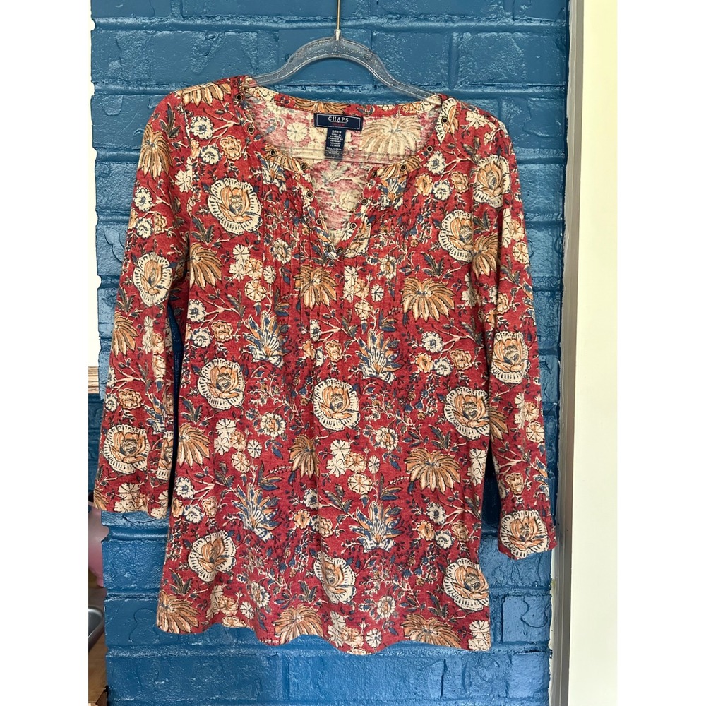 Chaps Denim Floral‎ Print Top Women's Small Petite 3/4 Sleeve Blouse